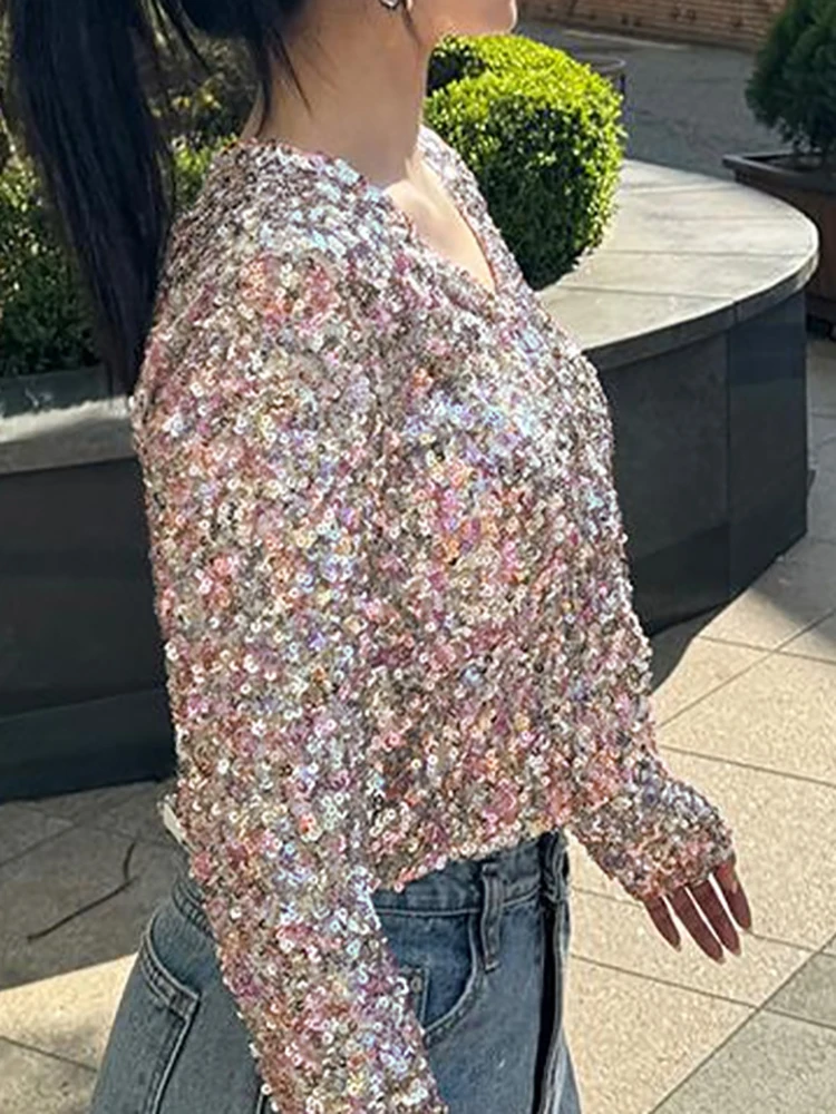 

Early Fall Sparkling Sequin Single Breasted Fashion T-shirt Elegant Slim Pullover Sexy V Neck Long Sleeved Women Club Party Top