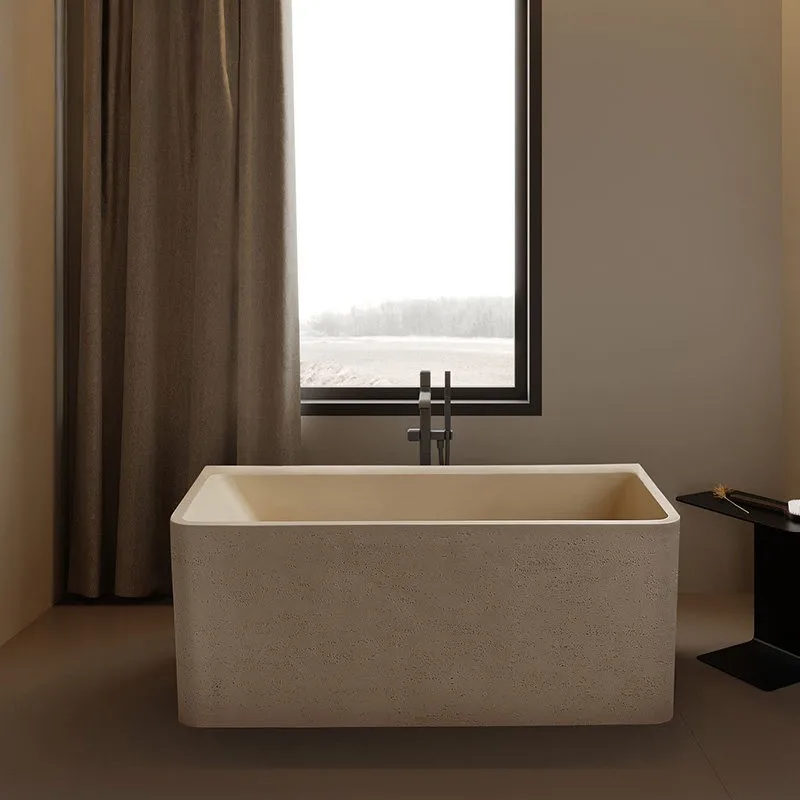 Wabi-Sabi Cream Travertine Bathtub, Designer Square Freestanding Soaking Tub, Artistic & Creative Heat-Retaining & Easy Clean