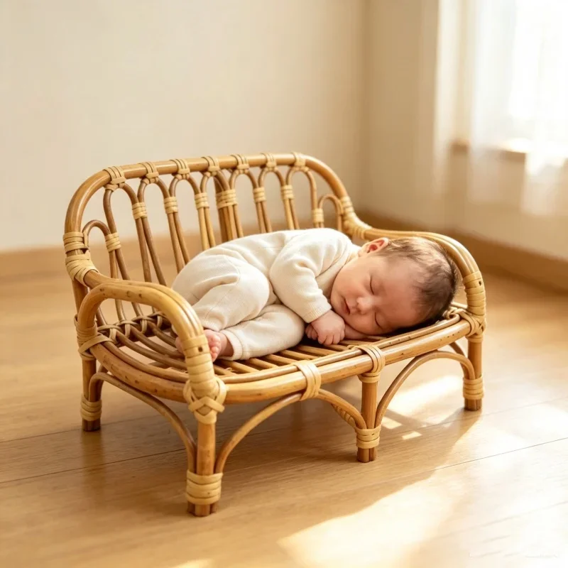 Handmade Natural Rattan Mini Sofa Posing Bed Vintage Wicker Furniture Studio Photography Prop For Portrait Shooting Accessories