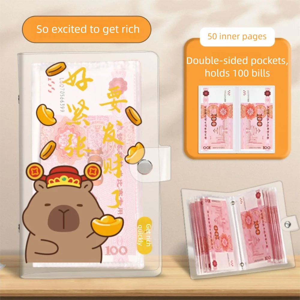 Get Rich Overnight 100 Envelopes Money Saving Challenge Transparent PVC Money Collection Book Cartoon Waterproof Savings Binder