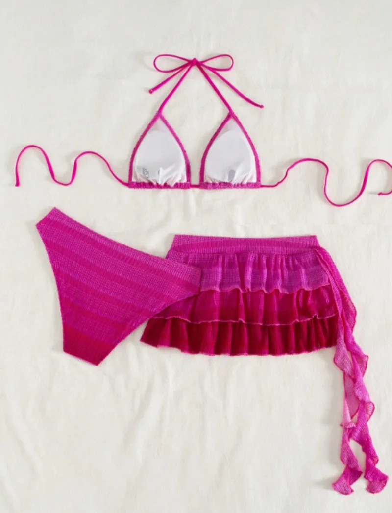 sexy rose red gradient halter tie bikinis sets 3pcs with ruffles mini skirts swimwear swimsuits beach outfits biquini tankini