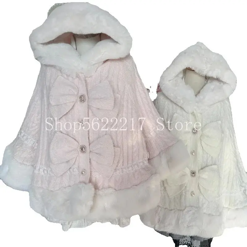 

Japanese LIZ Thicken Sweet Fur Jacket Autumn Winter Diamonds Double Bow Knitted Cape Coat Faux Rabbit Fur Hooded Women Ponchos