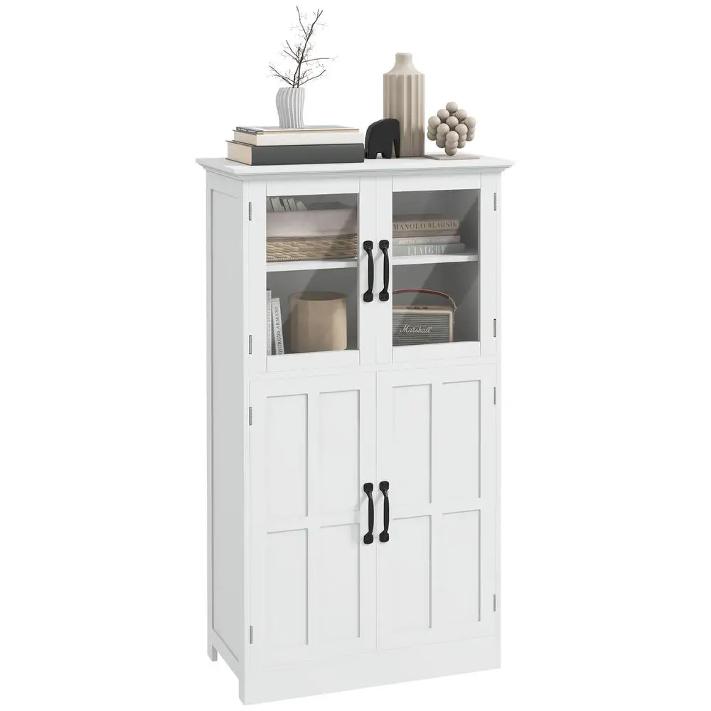Buffet de cuisine multi-rangements avec placards, portes en verre et étagères en bois blanc