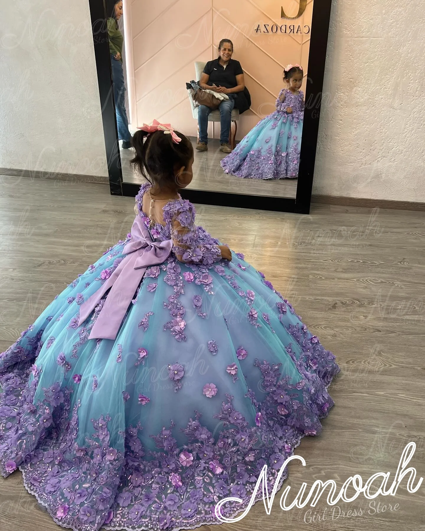 Flower Girl Dress For Wedding Floral Lace Appliques Girl Birthday Party with Bow Floor Length First Communion Gown Customized