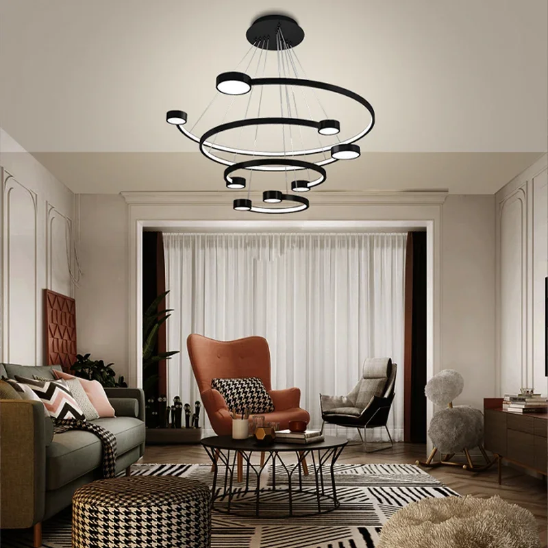 

LED Chandelier Lighting Dining Living Room Round Rings Modern Nordic Hanging Lamp Hotel Hall Lobby Chandeliers Home Decor Light