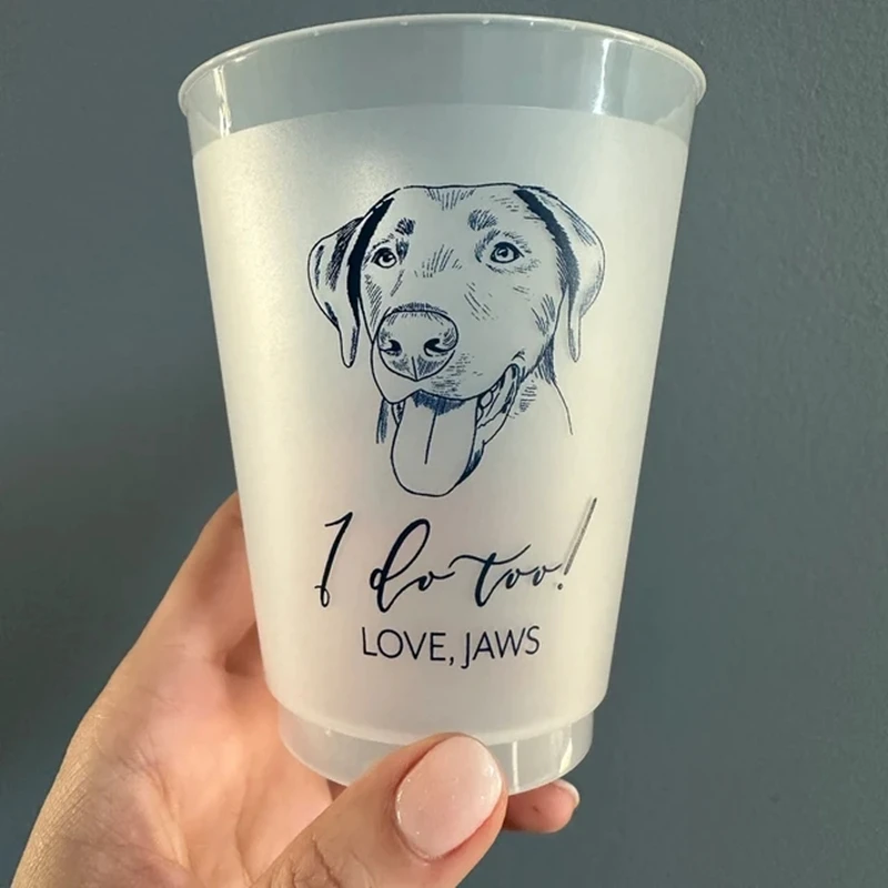 Custom Illustrated Dog Frosted Wedding Cups, Modern Wedding Cups, Custom Pet Wedding, Personalized  Wedding Favor Cups