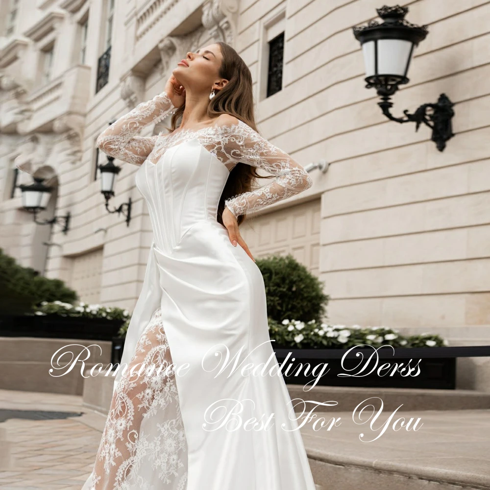 Customized Sexy Lace Satin Mermaid Wedding Dresses Long Sleeves Off The Shoulder High Slit Pleat Bridal Gown Vestidos De Novia