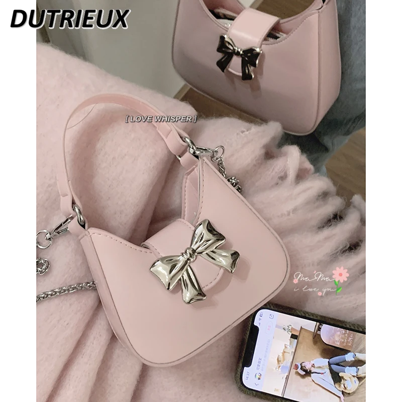 

Spring Autumn Sweet Underarm Bag Female Pink Bow Women's Handbags Fashion Cute Elegant Chain Ladies' Messenger Bags 2024 New