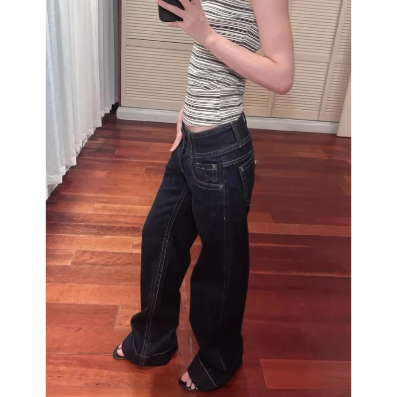 Women's American Blue Button Design Jeans Low Waist Straight Leg Loose Wide Leg Drapey Long Pants Y2K Style Slimming Denim