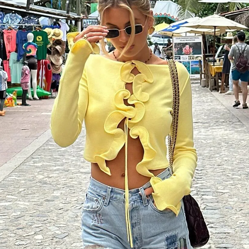 

Hirigin вязаный свитер с рюшами, кардиган, женский укороченный топ на шнуровке в стиле пэчворк с длинными рукавами, уличная одежда, осенний женский трикотажный топ