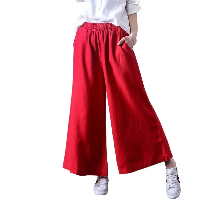 

Women Summer Loose Casual Pants Ladies Cotton Linen Black Wide Leg Pants Ankle-Length Red Pants Pantalones Harajuku Trousers