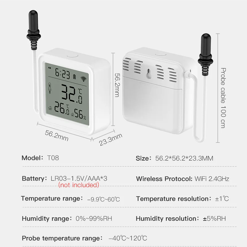 مستشعر درجة الحرارة والرطوبة Tuya WiFi مع مقياس حرارة منزلي ذكي بمسبار خارجي متوافق مع SmartLife، للثلاجة
