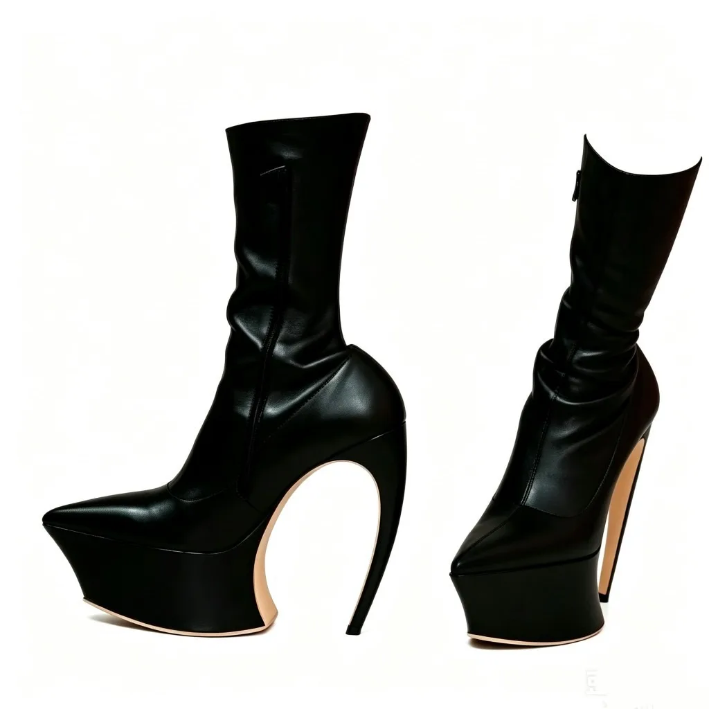 Ladies' Thick Soled Pointed Platform, High Heels, Short Boots, Party Runway, Sexy Fashion Boots, Autumn and Winter Leather Boots