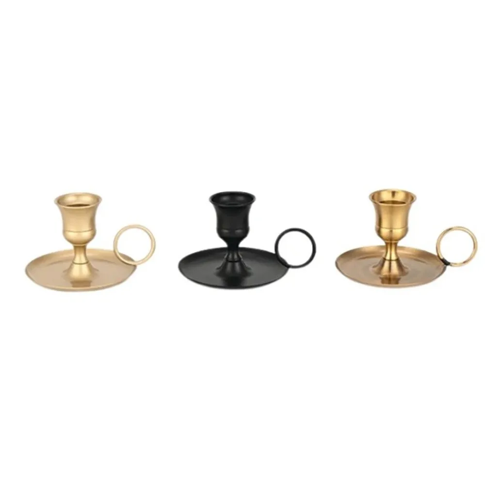 Retro Metal Candle Holder European Style with Handle Candlestick Centerpiece Dining Table Candle Cup Desktop Adornment