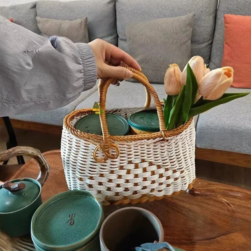 Handmade Imitation Rattan Portable Bread Basket Striped Decorative Home Storage Basket Eco-Friendly Fiber Art