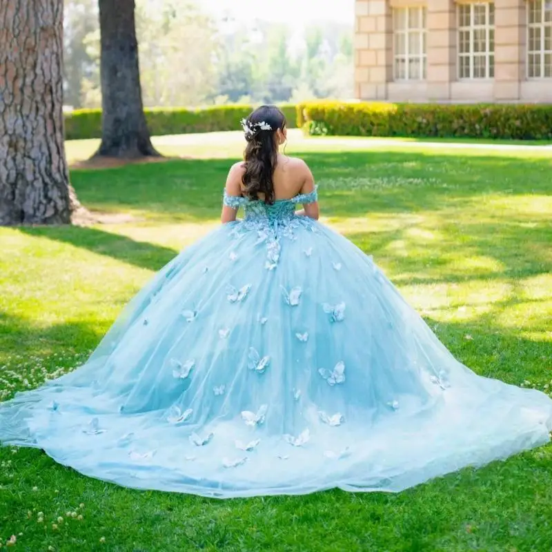 فستان Quinceanera أخضر لامع ، ثوب الكرة ، فراشة زين ، مشد المكسيك الديكور ، حلو 16 ، 15 سنة