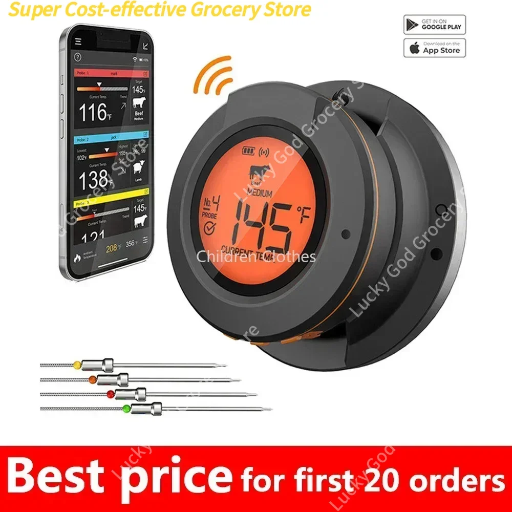 Smart BBQ Thermometer PRO - Draadloos, 150m Bluetooth, Orange