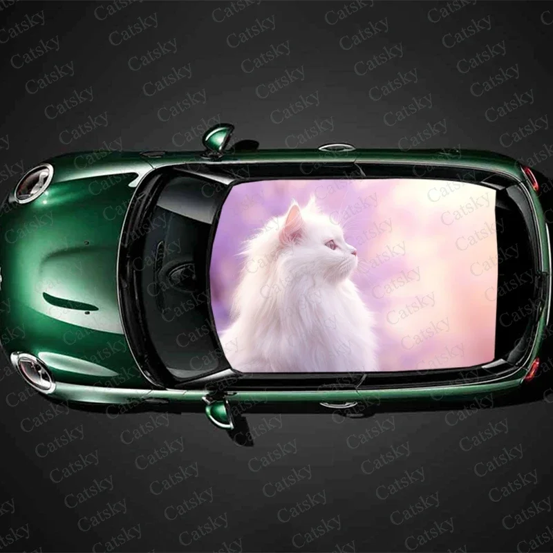 

White Maine Coon Cat Car Roof Sticker Wrap Racing SUV Accessories Packaging Painted PVC Custom Car Graphic Decal
