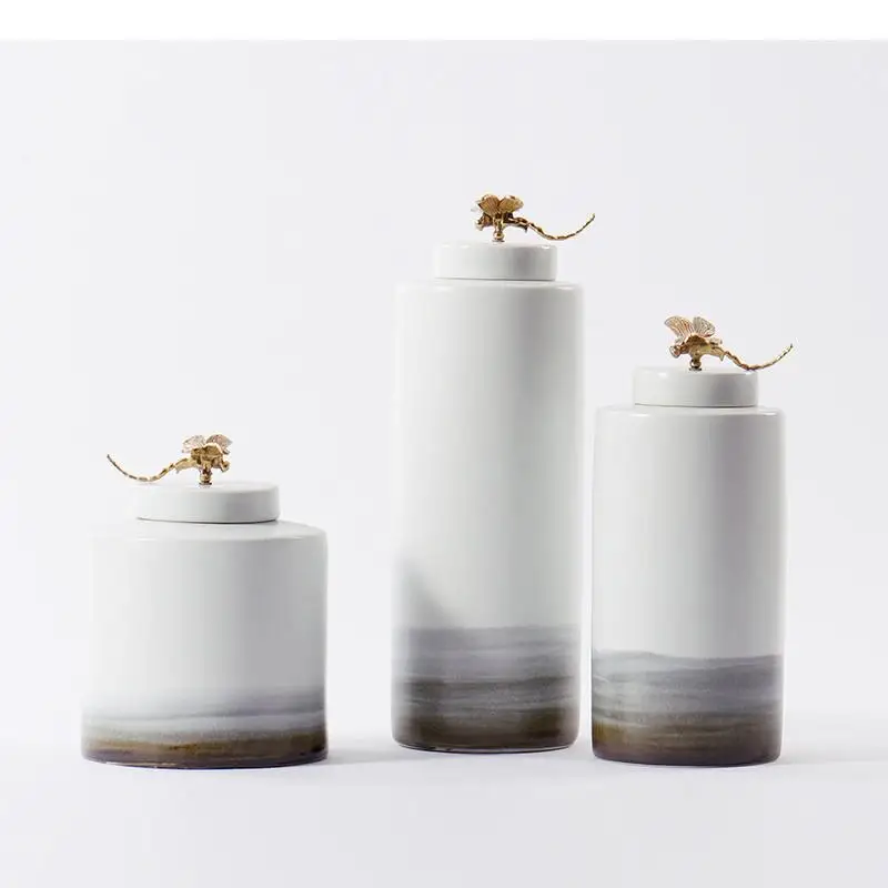 Traditional Ink Painting Porcelain Jars Gilded Dragonfly Lids Storage Jar Ceramic Vase Flower Arrangement Vintage Home Decor