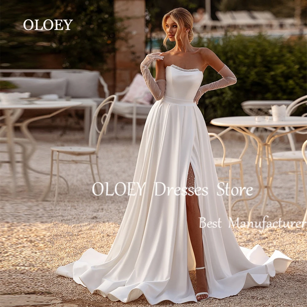 

OLOEY Elegant Ivory Mini Wedding Dress With Gloves Long Detachable Train Scoop Neck Bridal Gown Custom Made Vestidos De Novia