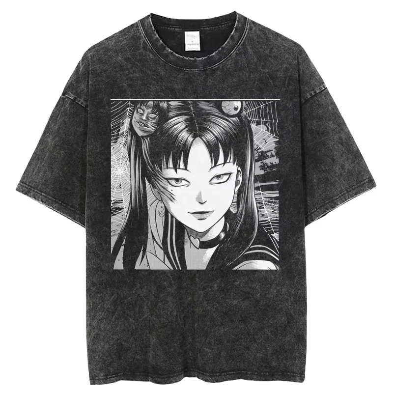 Goth Casual Tees Horror Manga Tomie Graphic T-shirt Hip Hop Y2k Washed T Shirts Oversized Streetwear Cotton Short Sleeve Unisex