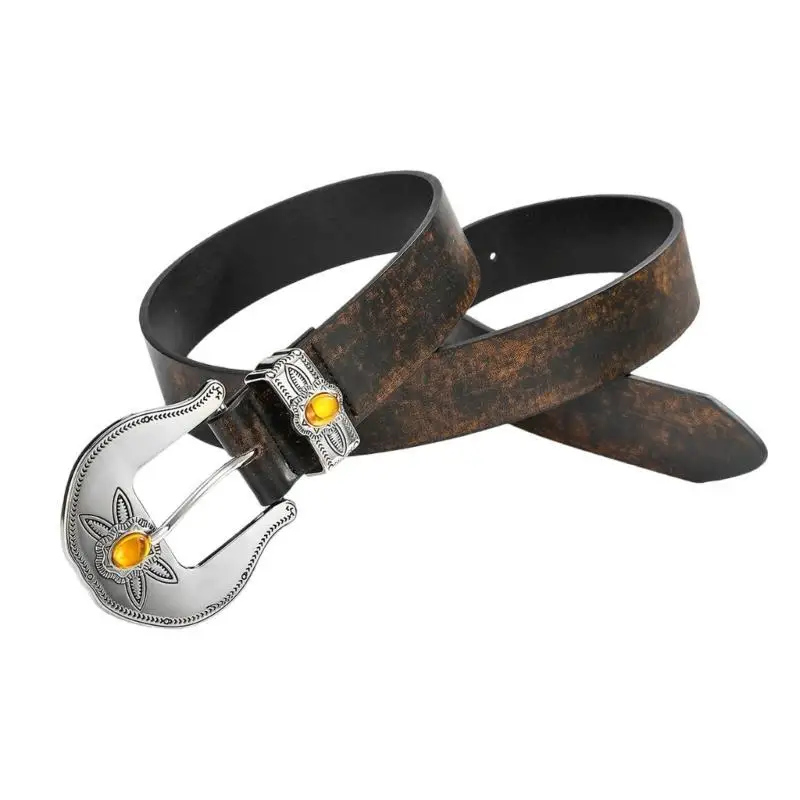 

39BD Distressed Pattern Waist Belt for Jeans Pants Western Styles Rhinestones Buckle PU Leather Belt Adult Unisex Waist Strap