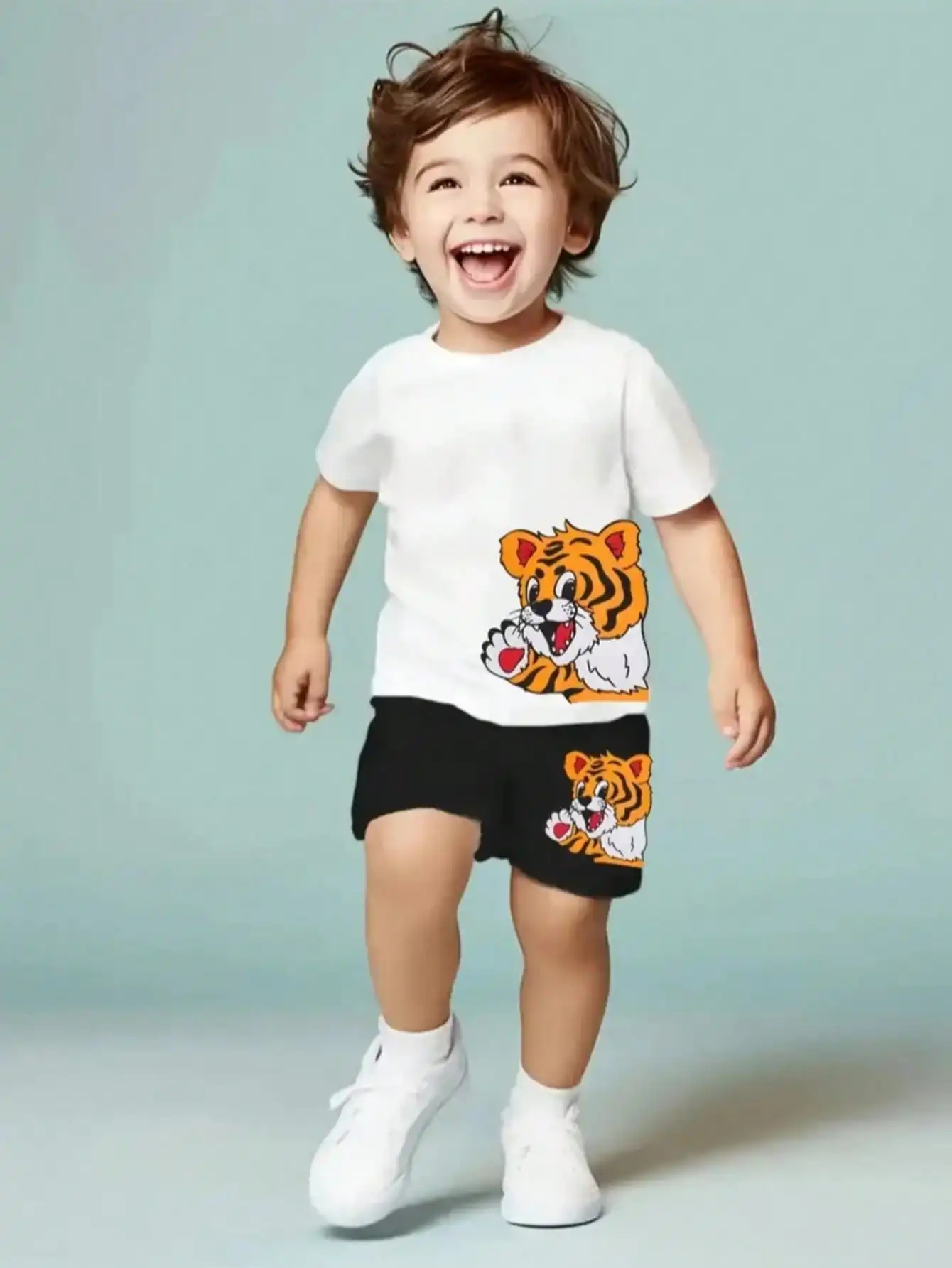 Summer children's clothing set cartoon tiger print round neck T-shirt top+tiger print elastic waist solid color shorts set