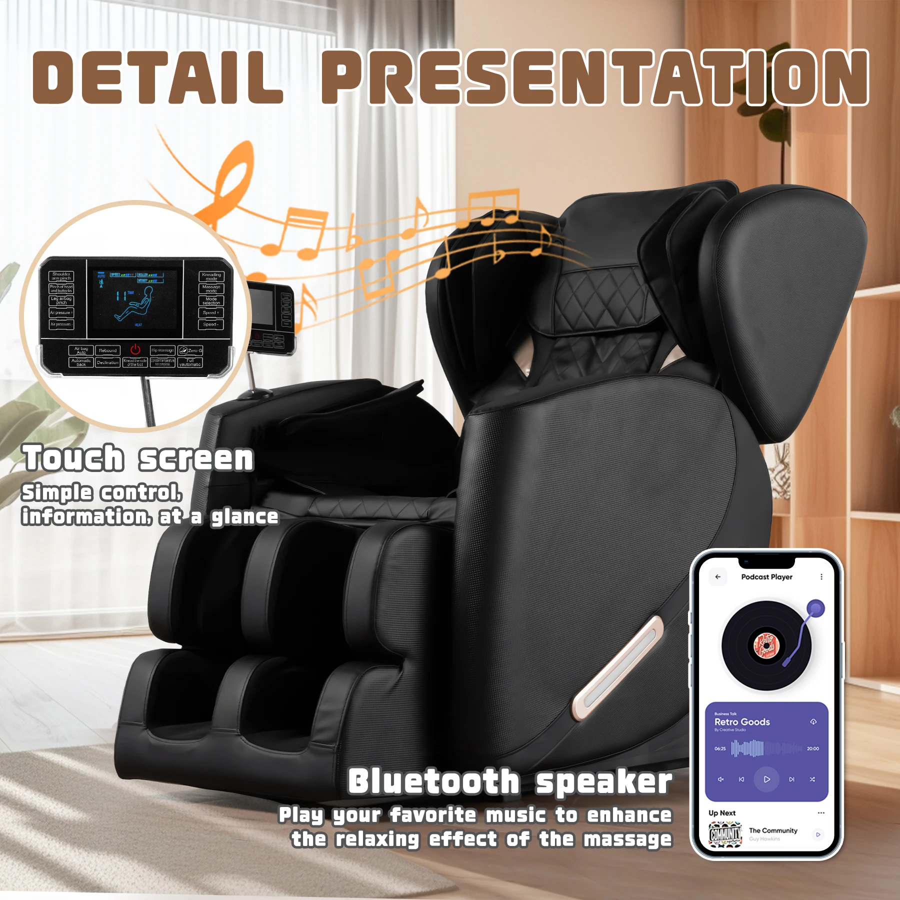 Massage Chair with Zero Gravity, Massage Chair Recliner with Heating, Airbags, Foot Roller，Bluetooth Speaker