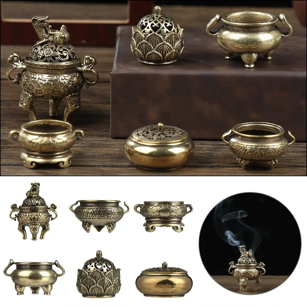 Chinese Ancient Style Home Decoration Cense Stick Holder Retro Brass Censer Hollow Lotus Mini Qilin Head Incense Burner