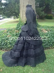 Black Gothic Ball Gown Wedding Dresses Lace Stain Ruched Ruffles Long Sleeve Bustle Victorian History Bridal Gown customsized