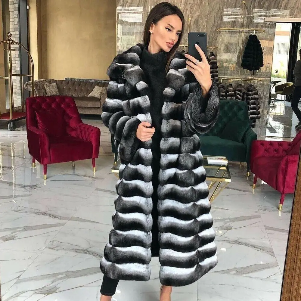 

Genuine Rex Rabbit Fur Long Coat Women Winter Thicken Luxury Outertwear Strip Sewed Lapel Fluffy Real Fur Jacket Lady