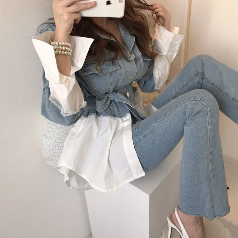 Button Up Patchwork Long Denim Tops Women 2024 Spring Summer Autumn New Fashion OL Casual Jeans Shirts Female Cheap Wholesale