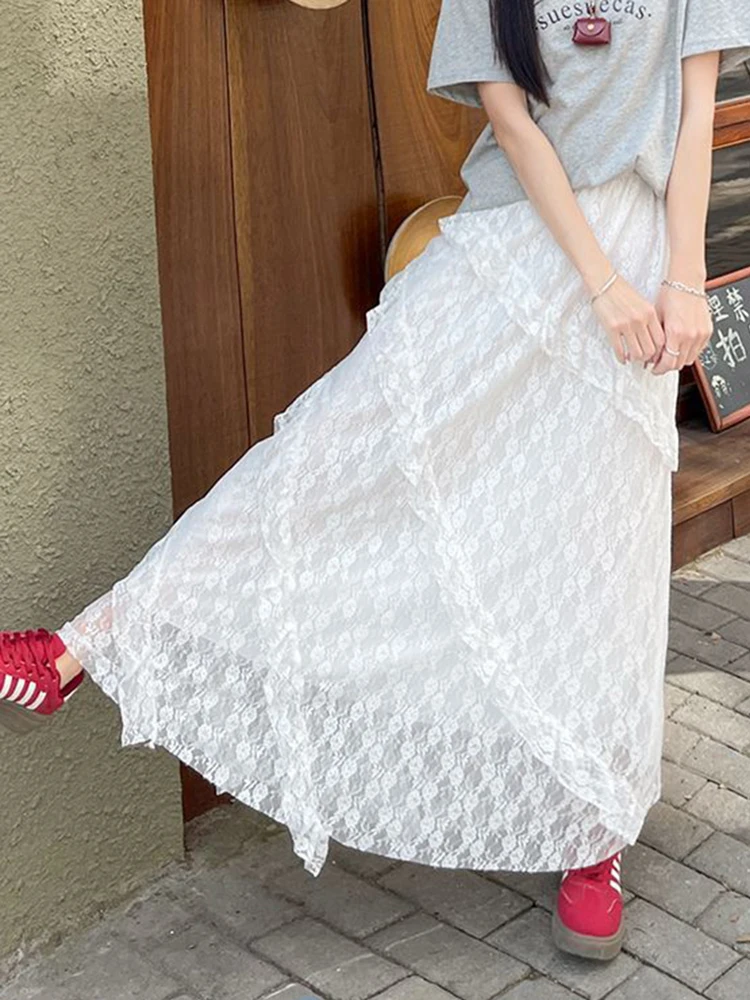 Jupe longue en dentelle blanche et maille pour femmes, Style Preppy doux, élégante, taille haute, Vintage, décontractée, Patchwork, ample, mignonne