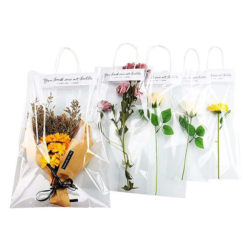 10pcs Transparent PE Long Tote Bag Flower Packaging Flower Bouquet Bags Florist Decoration Celebration Party Gift Pouches