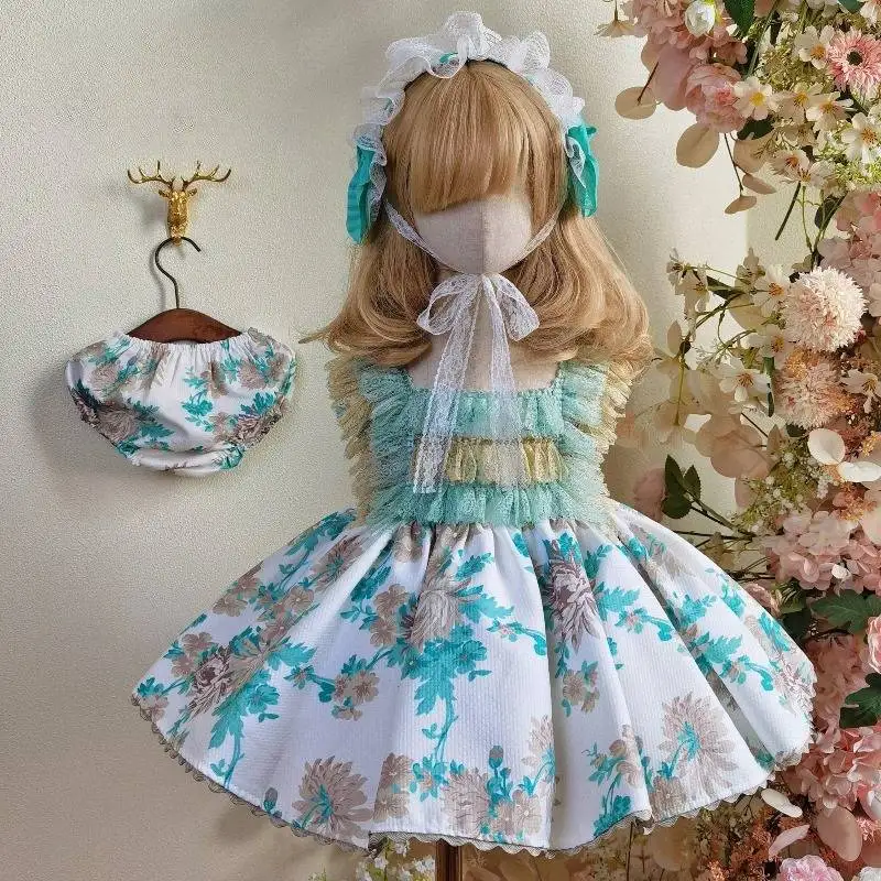Vintage Blumenmuster Kinder Lolita Kleid 3-teiliges Set Baby Mädchen Grünes Spitzen-Trägerkleid Prinzessin Geburtstag Party Fotoshooting Outfit – Detail 4