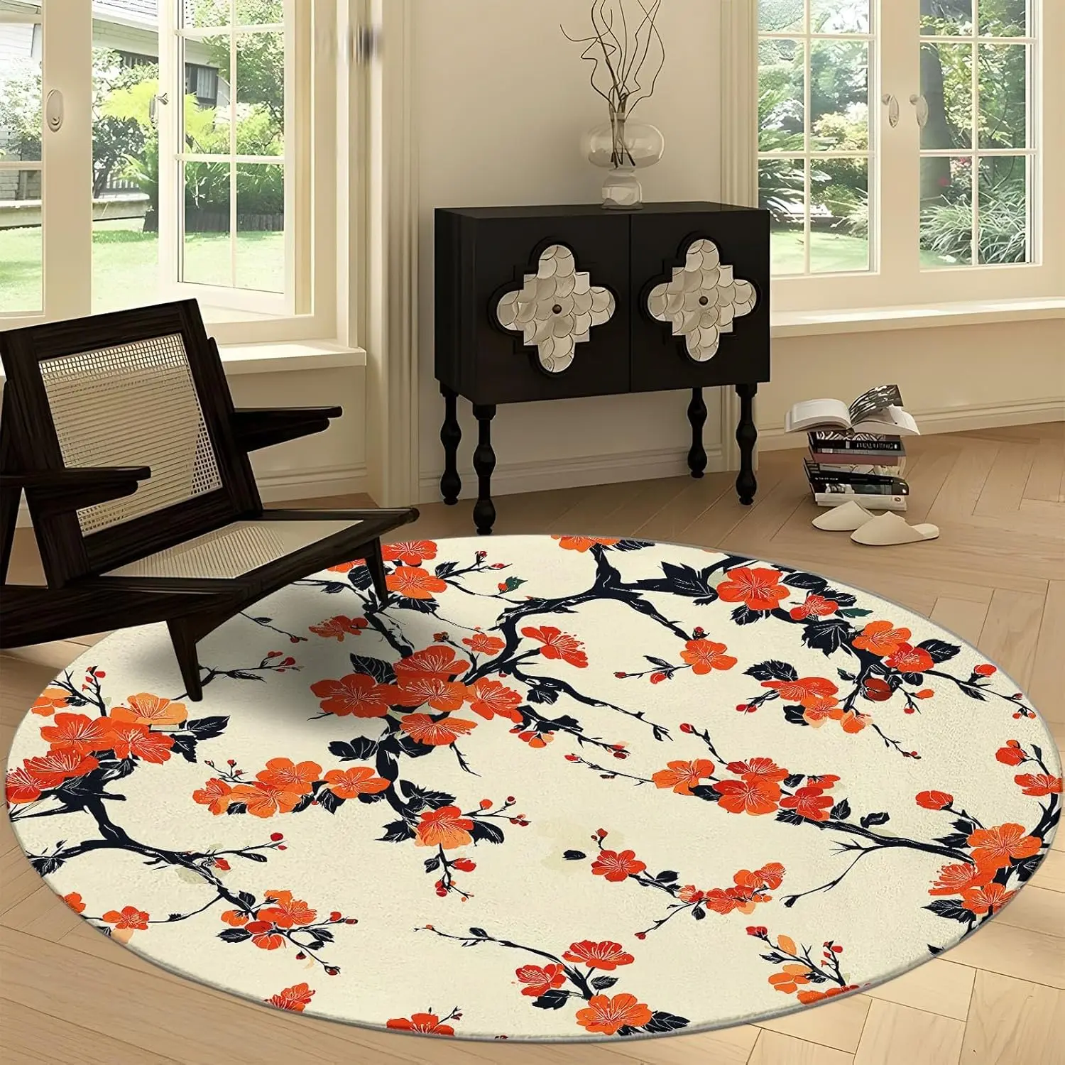 

Chinese Traditional Style Print Round Rug,Retro Branches Flowers Washable Circular Carpet, Non Slip Circle Area Rug Carpet