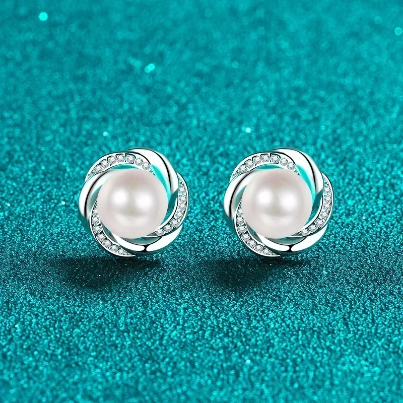 Inlaid  8mm Freshwater Pearl Plum Blossom Platinum Pt950 Earrings, High-end 16.8 Point Moissanite Earring for Ladies Women Gifts