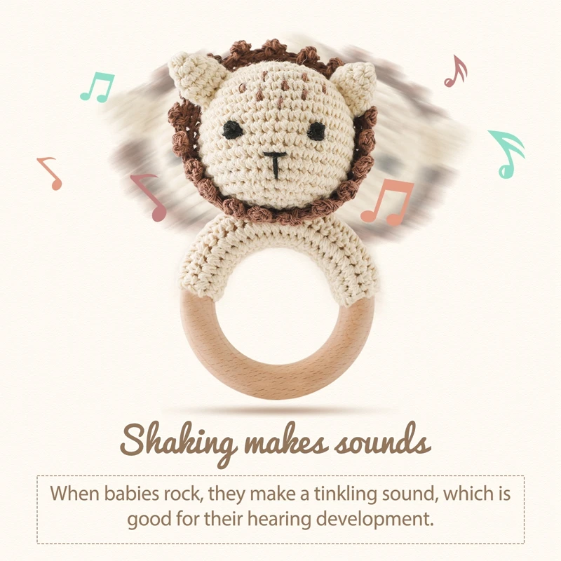 Baby Music sonaglio massaggiagengive giocattoli neonato Crochet Lion Dog anello in legno braccialetto sonaglio succhietto giocattoli massaggiagengive giocattoli fatti a mano per bambini