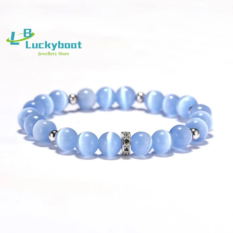 100% Real Cat Eyes Stone Bracelet Women Luxury Zirconia Beaded Braslet Charm Blue Opal Braclet Femme Jewelry Accessories Joyas