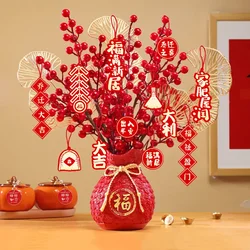 Chinese New Year Decoration Flower Basket, Christmas Red Berry Branches and Artificial Plants, Wedding, Dining Table Decoration