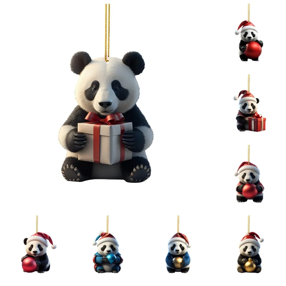 2D Flat Acrylic Panda Pendants Christmas Panda Doll with Creative Balls Home Ornaments Car Interior Animal Hanging Keychain Gift