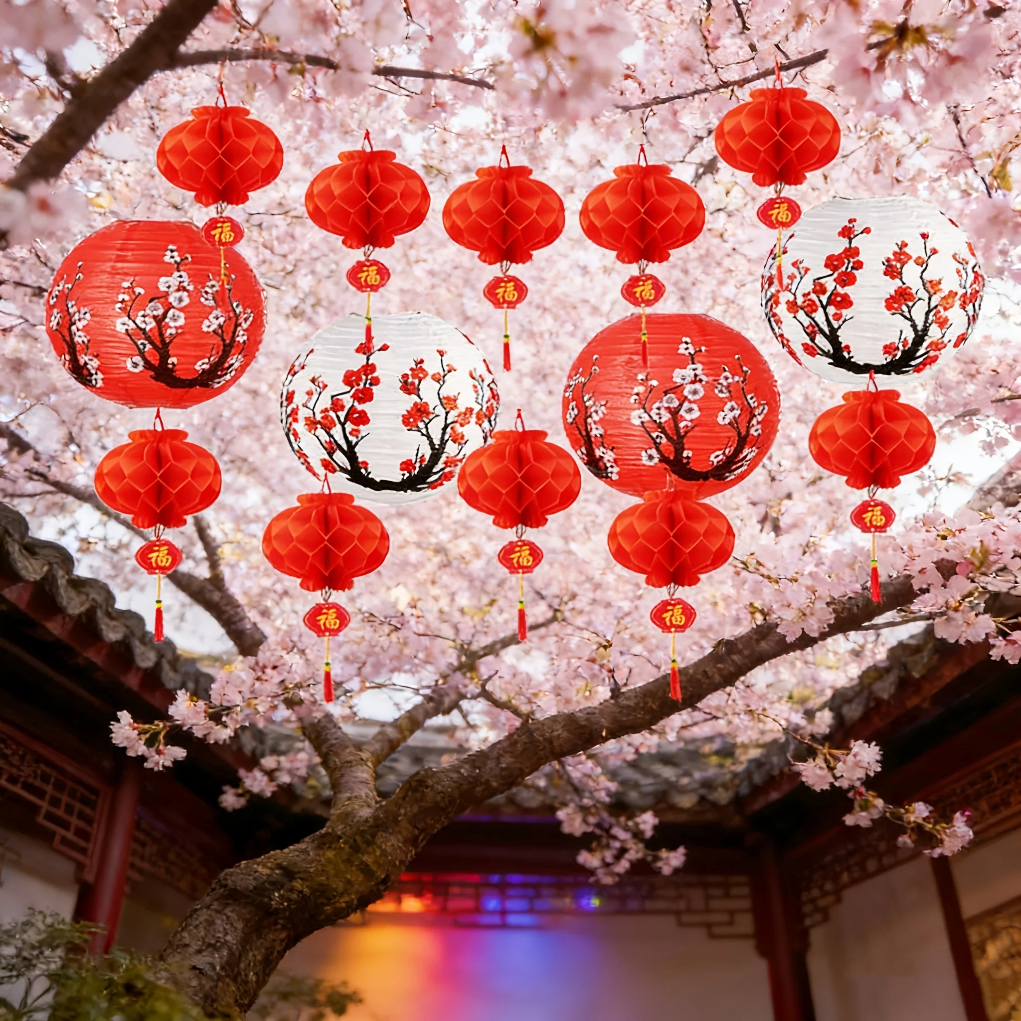 14 Traditional Chinese And Japanese Paper Lanterns, Hanging Cherry Blossom Red And White Lanterns, Suitable for New Year, Birth