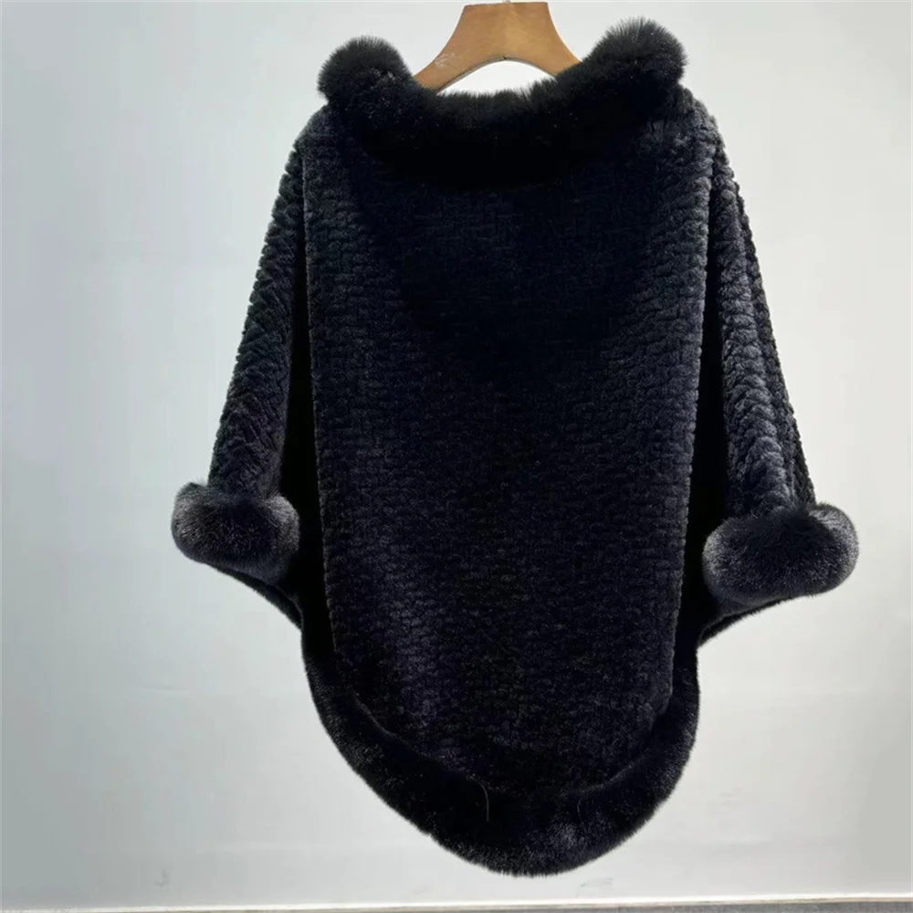 

2024 Coarse Knitted Outwear Women Batwing Sleeve Pullover Faux Rabbit Fur O Neck Loose Cape Winter Thick Warm Shawl Overcoat