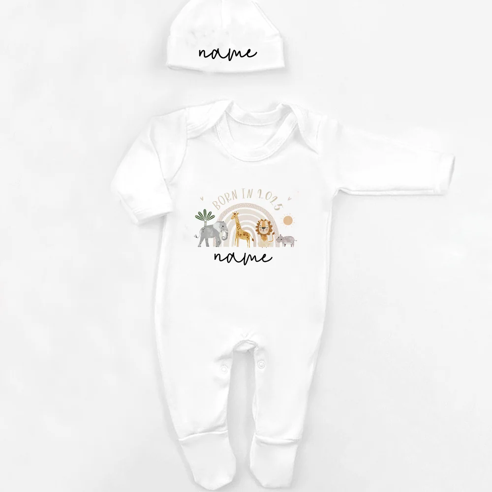 Personalised Sleepsuit New Baby Gift Safari Babygrow Born in 2025 Gift Going Home Outfit Custom Baby Romper and Hat