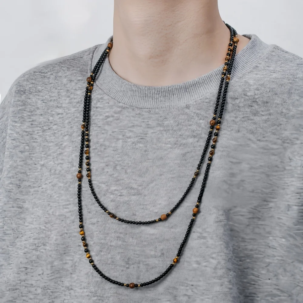 Schwarze Naturstein-Tigerauge-Perlen Lange Pulloverkette Halskette Retro Herrenhalskette Modeschmuck Trendige Accessoires – Detail 4
