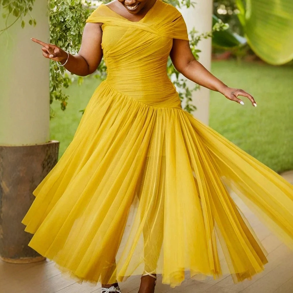 Elegant Off Shoulder Ruched Tulle Gown Evening Dress For Women Lace Slim Fit Flowy Ball Gown Female Wedding Guest Maxi Dresses