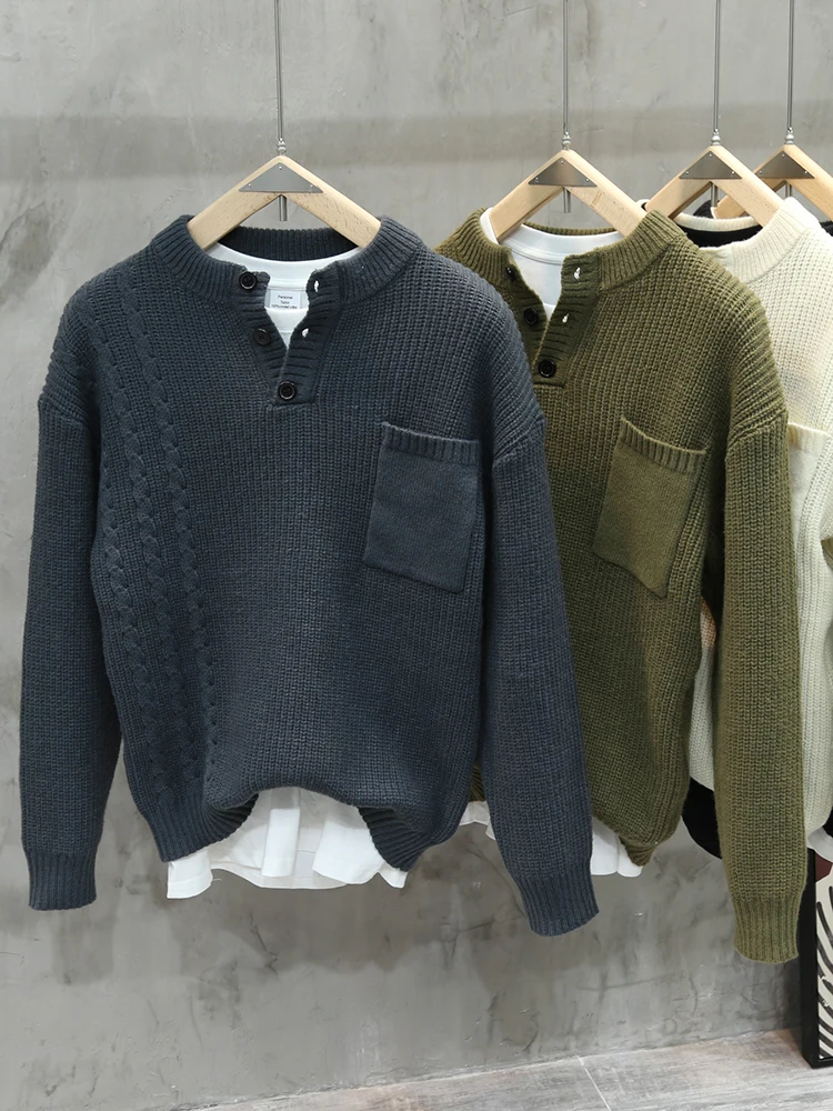Men's Henry Collar Knitwear Warmth Pure Color Base Layer Long Sleeve Casual Style Polyester Fiber Regular Fit Autumn Winter