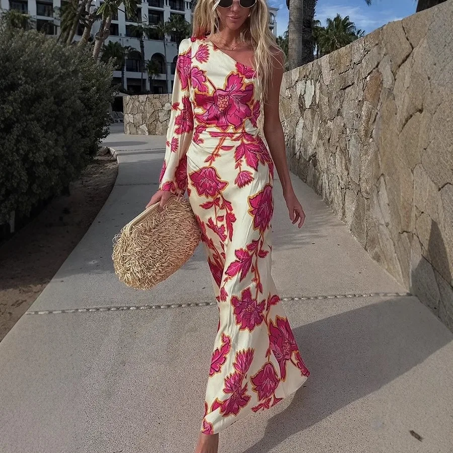 DYKR 2025 サマードレス卸売ファッションローズプリントサテンドレス女性の斜め肩とエレガントなロングスカート Vestidos
