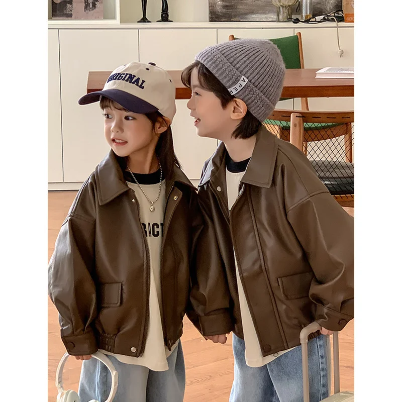 2024 New Family Clothes Autumn Winter Fashion Korean Mother Father Children Matching Pu Leather Jacket Mom Dad Son Daughter Sets