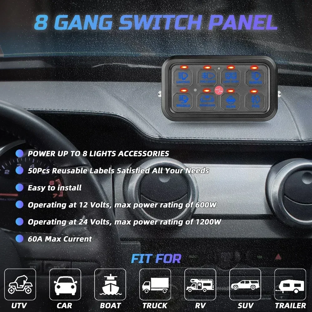 

GMarine Boat SUV Car Universal Automotive Off Road Lights 4x4 12V 24V 8 Gang LED Switch Panel With Circuit Control Box For Truck